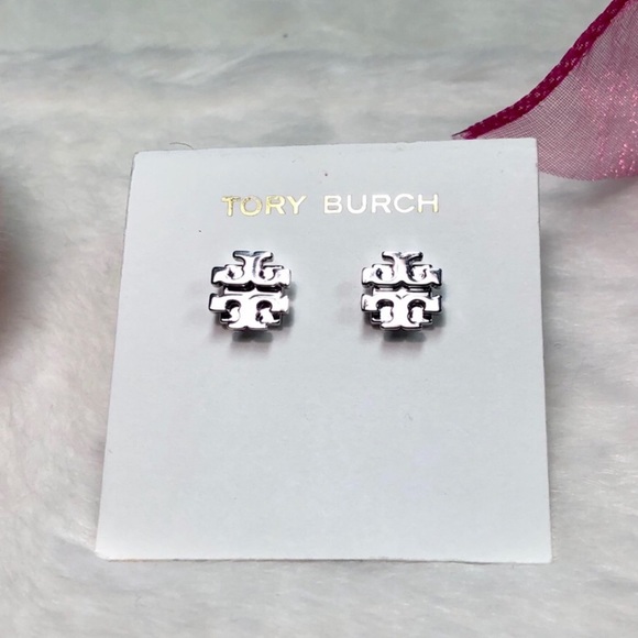 NEW TORY BURCH RHODIUM SILVER PLATED LOGO EARRINGS - Picture 5 of 7